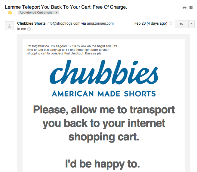 Chubbies'in terkedilmiş sepet konu satırı "Sepetini Geri Getirelim. Ücretsiz!"