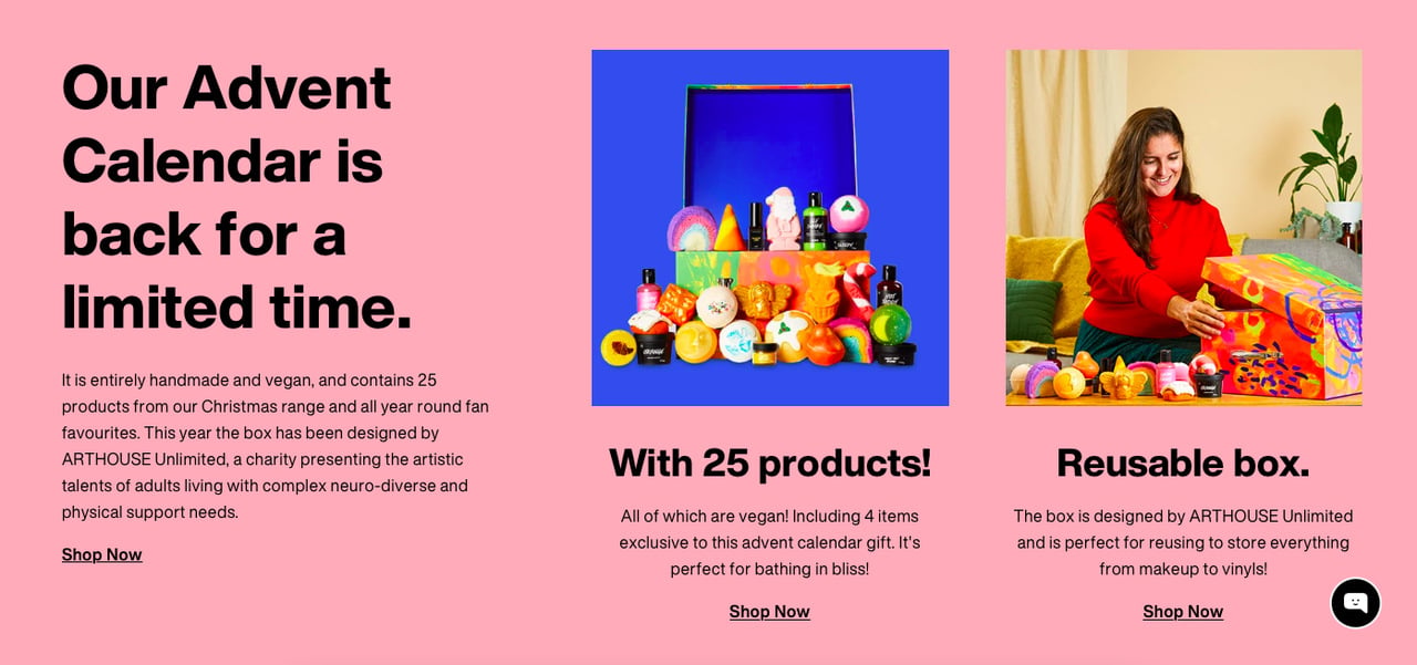 Lush'ın ürün paketleme örneği, bir Advent takvimi ile