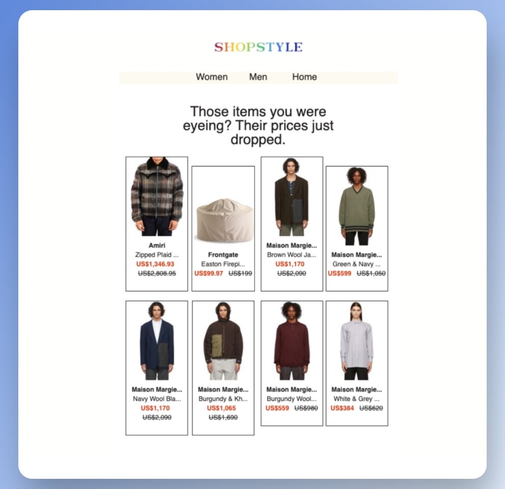ShopStyle fiyat düşüşü e-posta örneği, şapkalardan sweatshirtlere ve diğer sokak giyimlerine kadar indirimli fiyatlarla farklı ürünleri gösteriyor
