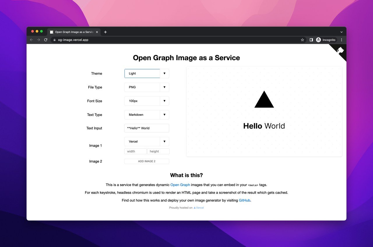 Vercel OG Image generator sayfası, aracın özelliklerini gösteriyor