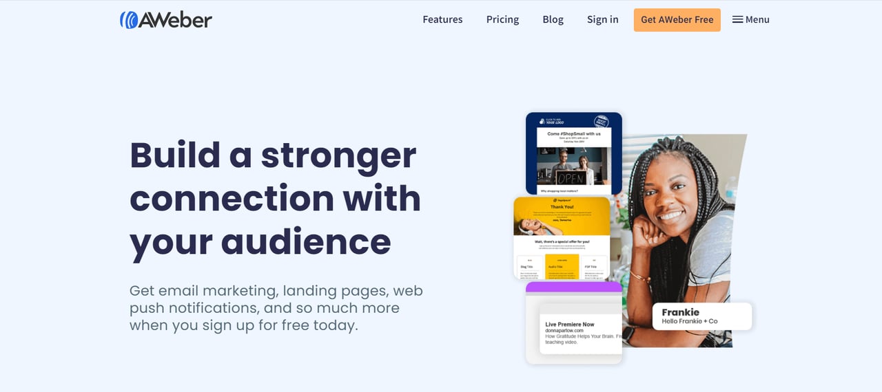 AWeber email marketing platform homepage with signup form builder
