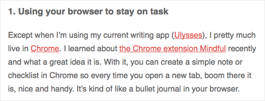 Affiliate email marketing excerpt showing inline product links for Ulysses app and Mindful extension