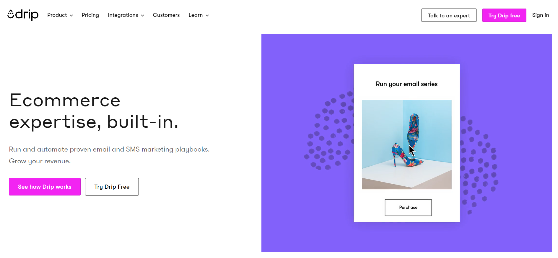 Drip CRM and email marketing platform homepage for e-commerce