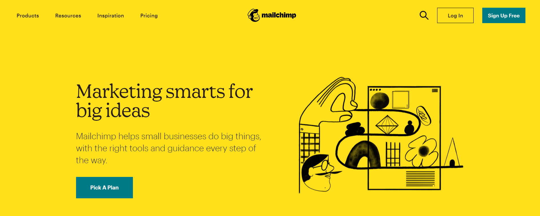 MailChimp email marketing platform homepage showing automation features