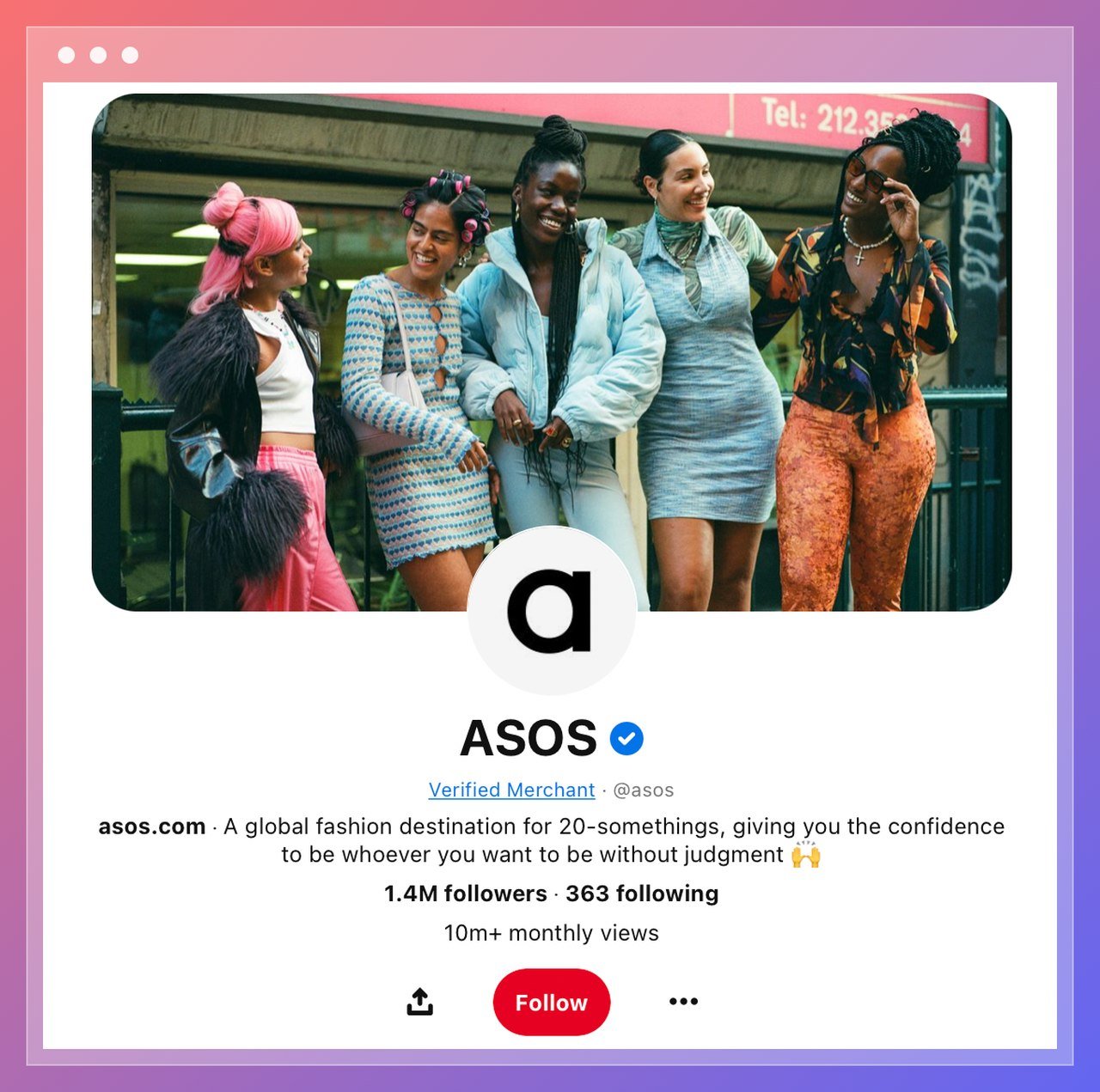 Asos Pinterest profilinin ekran görüntüsü, profilde 5 kadının yanında mutlu bir şekilde yan yana durduğu ve bazılarını kucakladığı görülüyor