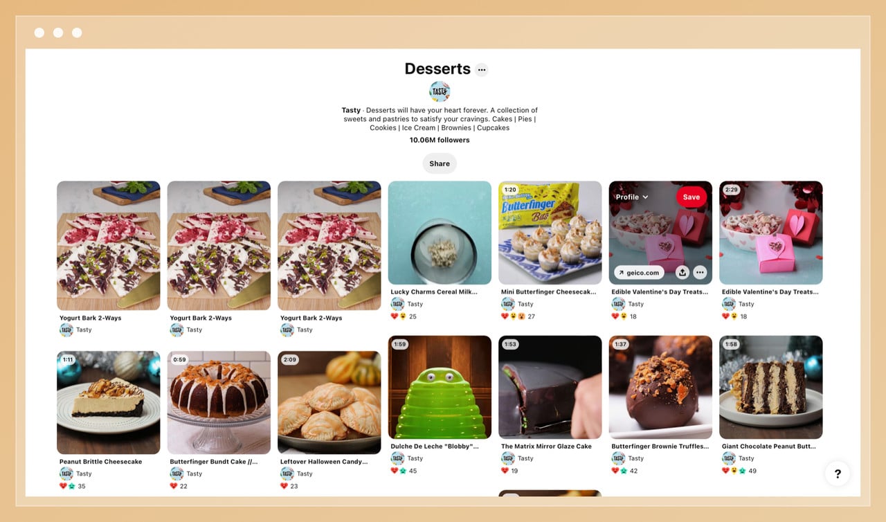 Tasty'nin Pinterest panosunu gösteren ekran görüntüsü, farklı tatlı türlerini ve video pinlerini içeriyor
