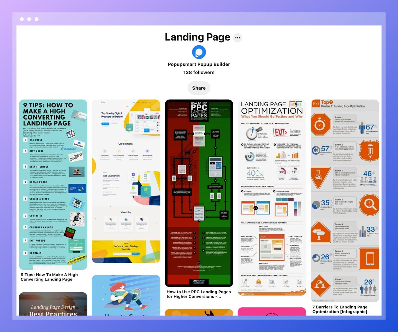 popupsmart'ın açılış sayfası bilgilerini gösteren pinterest panosu