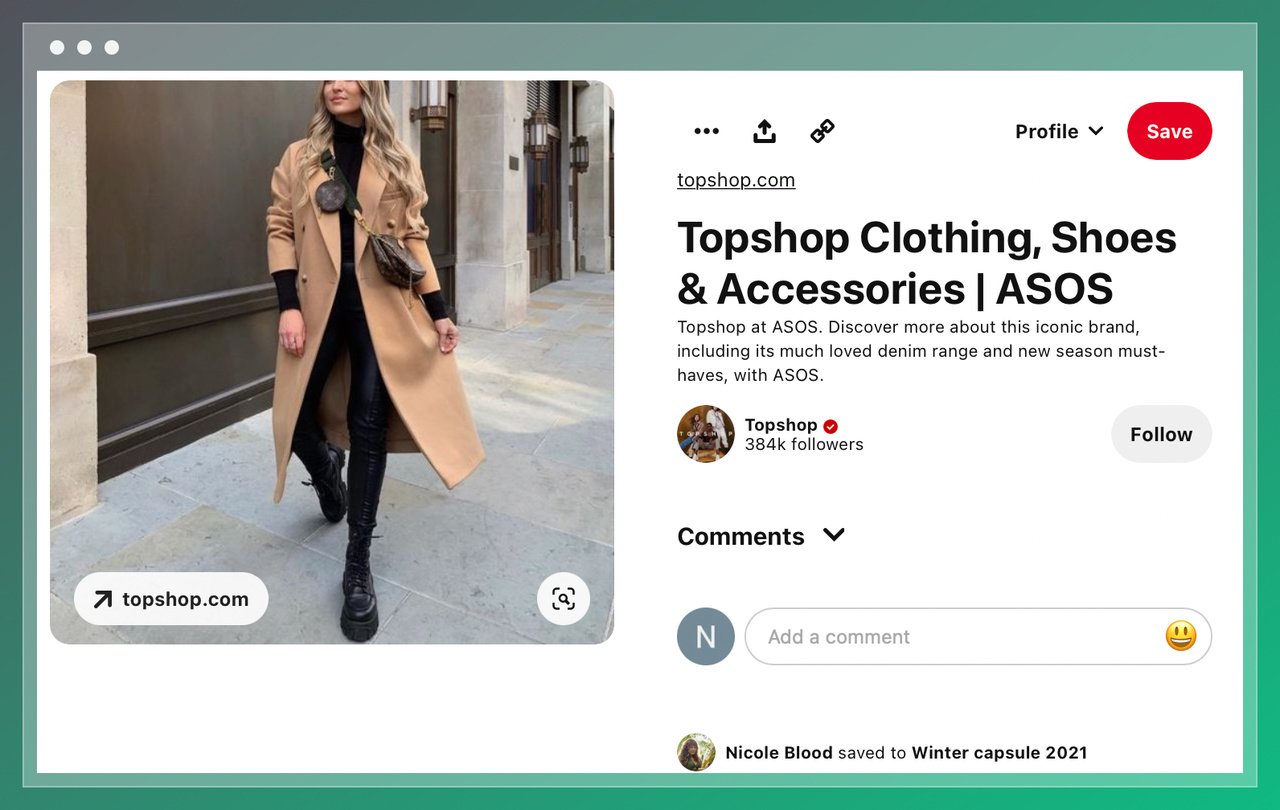 Topshop'un Pinterest gönderisinin ekran görüntüsü, sol tarafta bir kadın kahverengi bir mont, siyah deri pantolon, siyah botlar ve bir çanta giyiyor
