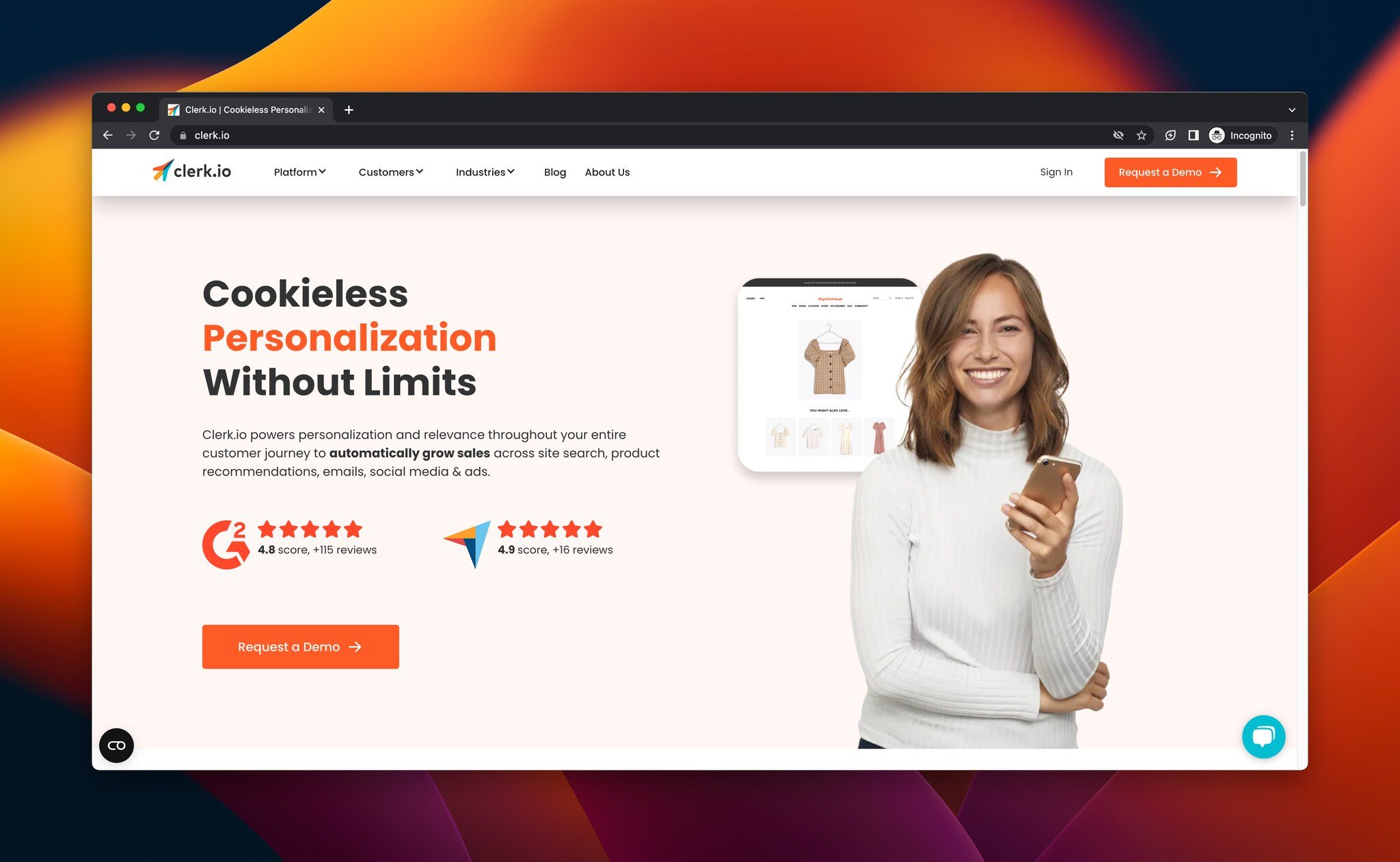 Clerk.io'nun, e-ticaret için AI aracı olan açılış sayfasının ekran görüntüsü