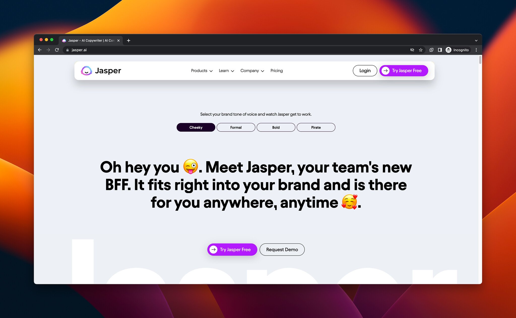 Jasper'ın açılış sayfasının ekran görüntüsü, e-ticaret için yapay zeka aracı