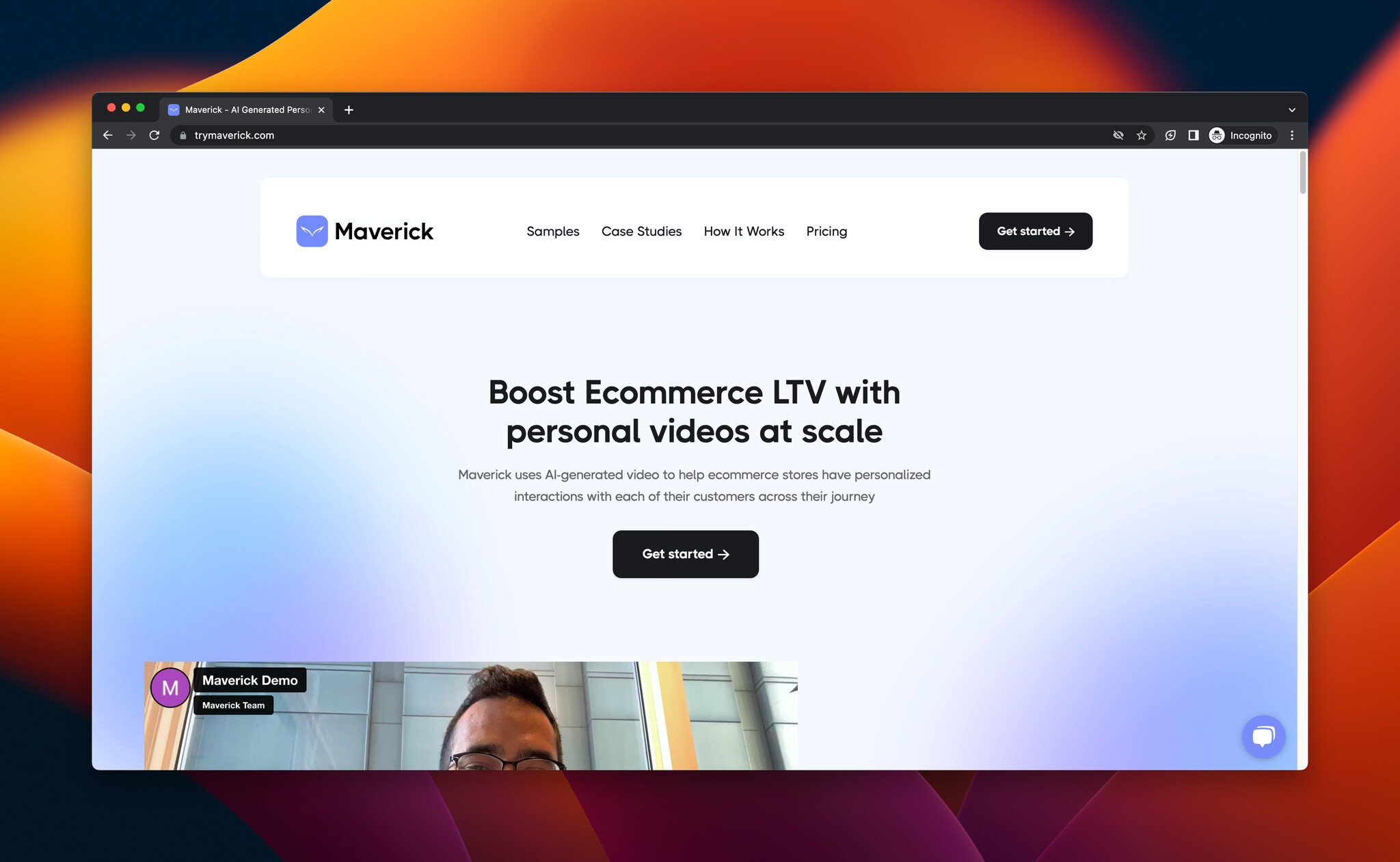 Maverick'in açılış sayfasının, e-ticaret için AI aracı, ekran görüntüsü