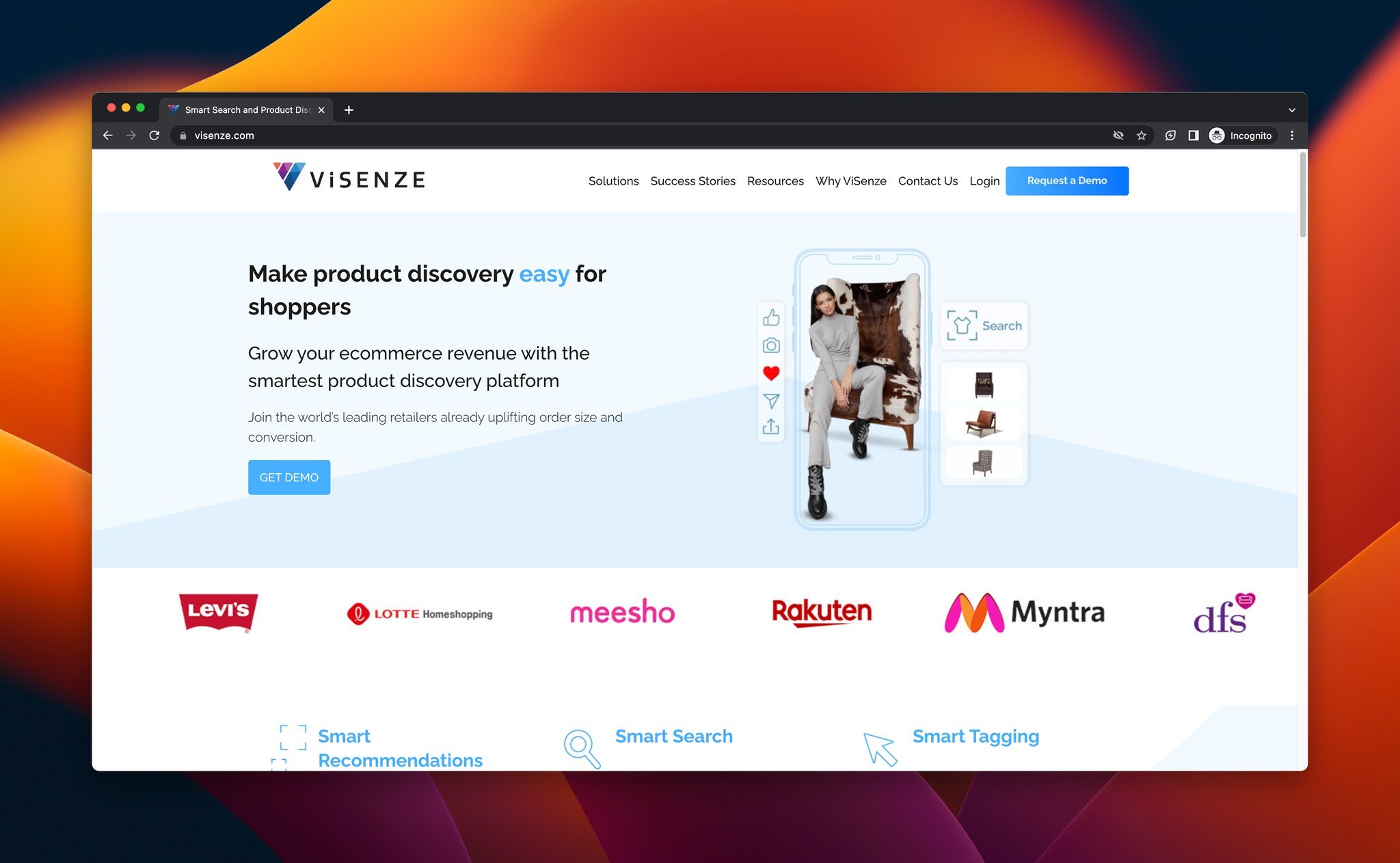 ViSenze'nin ana sayfasının ekran görüntüsü, e-ticaret için AI aracı