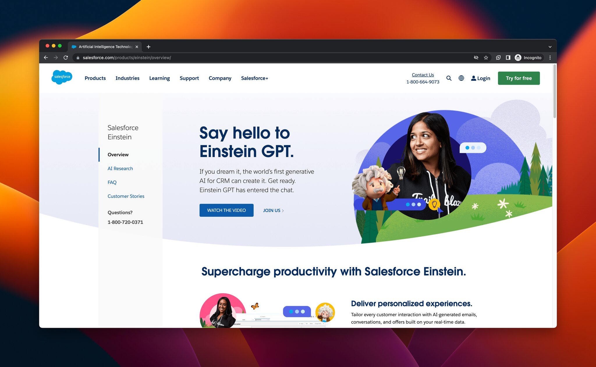 Salesforce Einstein'in ana sayfasının ekran görüntüsü, e-ticaret için AI aracı