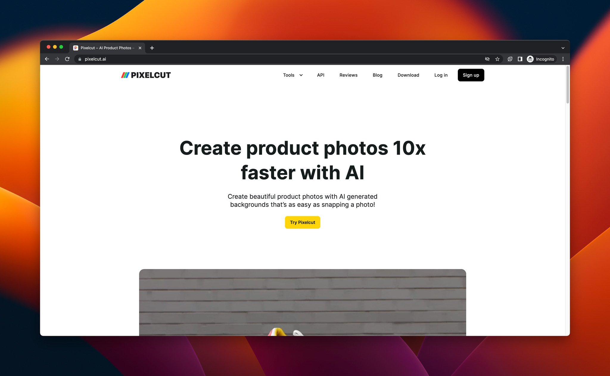 Pixelcut, e-ticaret için yapay zeka aracı olan açılış sayfasının ekran görüntüsü
