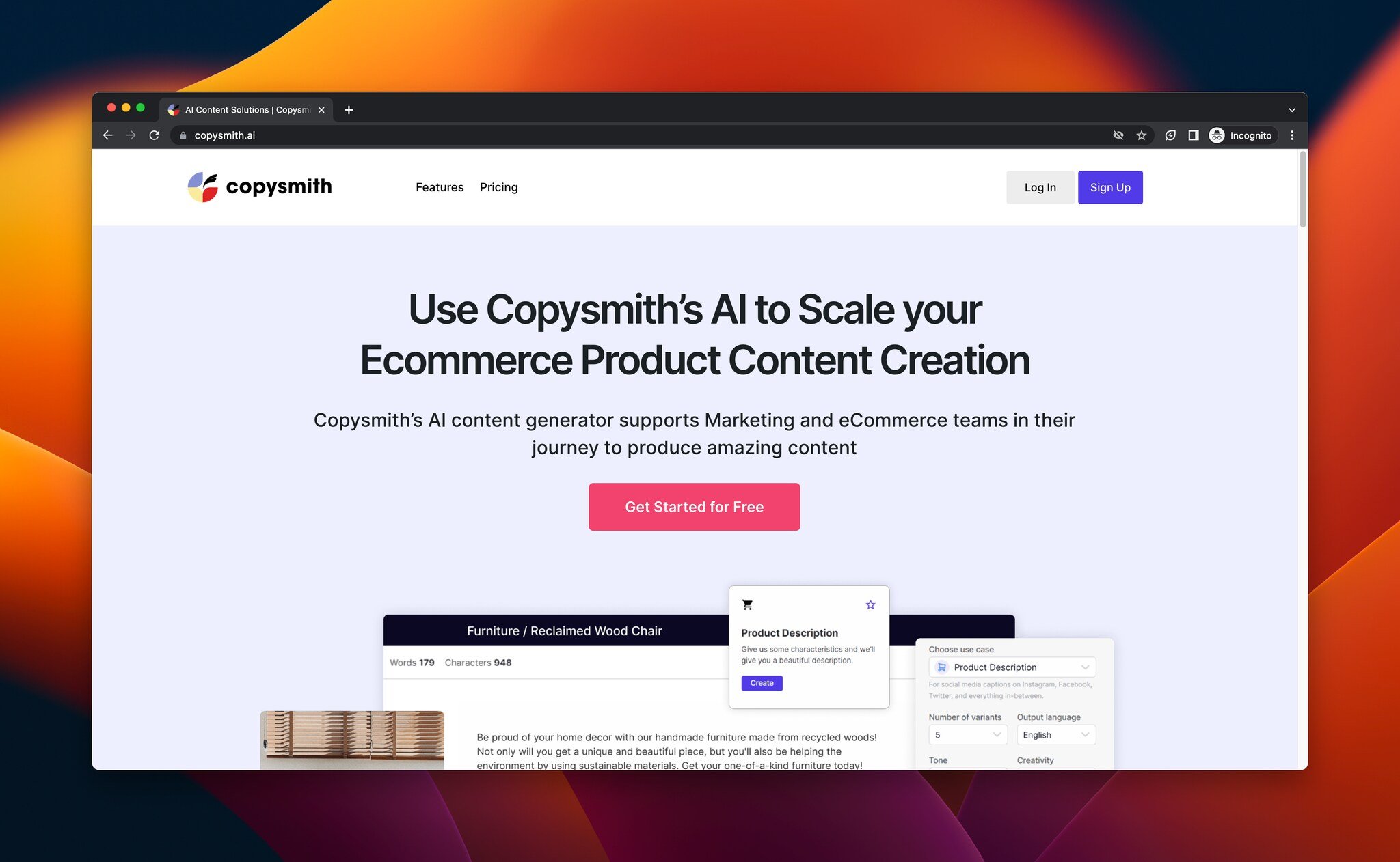 Copysmith'in giriş sayfasının ekran görüntüsü, e-ticaret için bir AI aracı