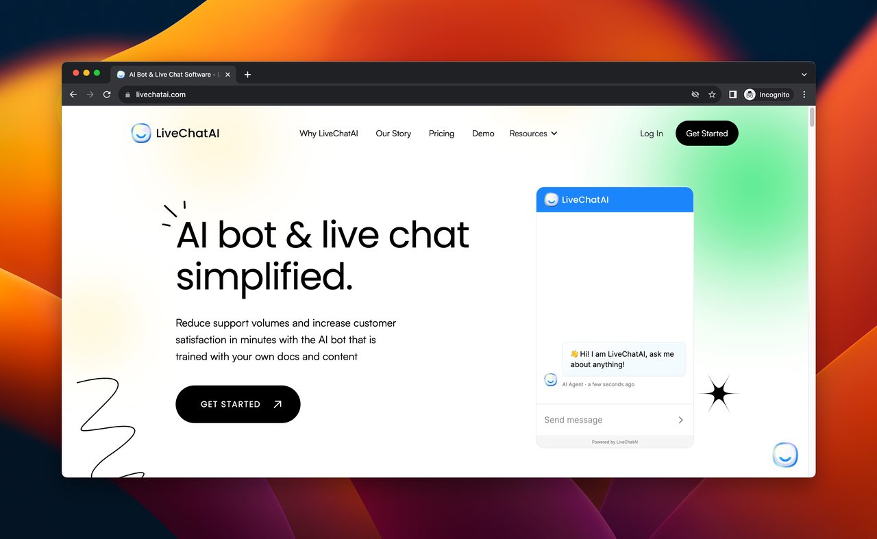 LiveChatAI'nin açılış sayfasının ekran görüntüsü, e-ticaret için yapay zeka aracı