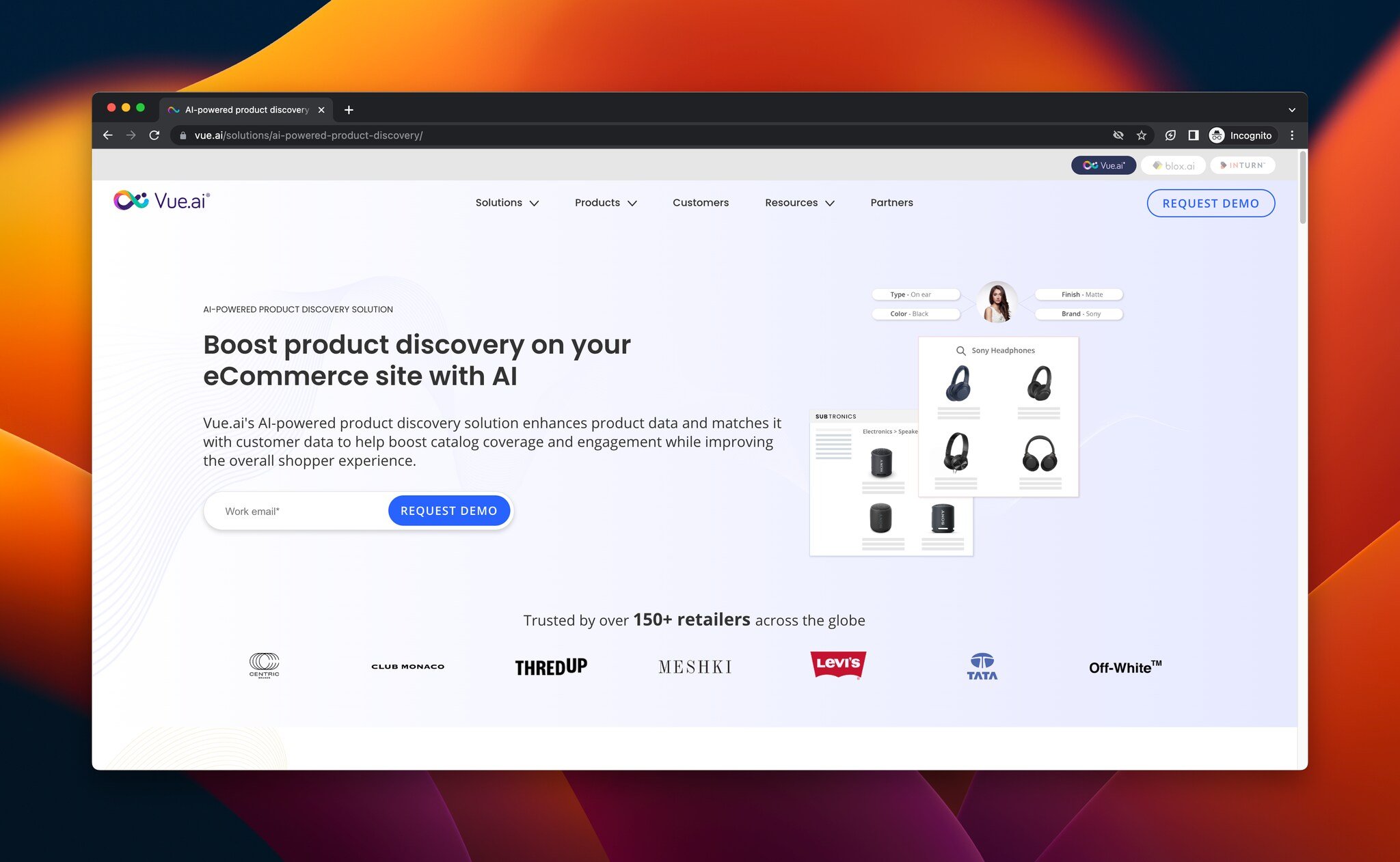 Vue.ai'nin ürün keşfi açılış sayfasının ekran görüntüsü, e-ticaret için yapay zekâ aracı