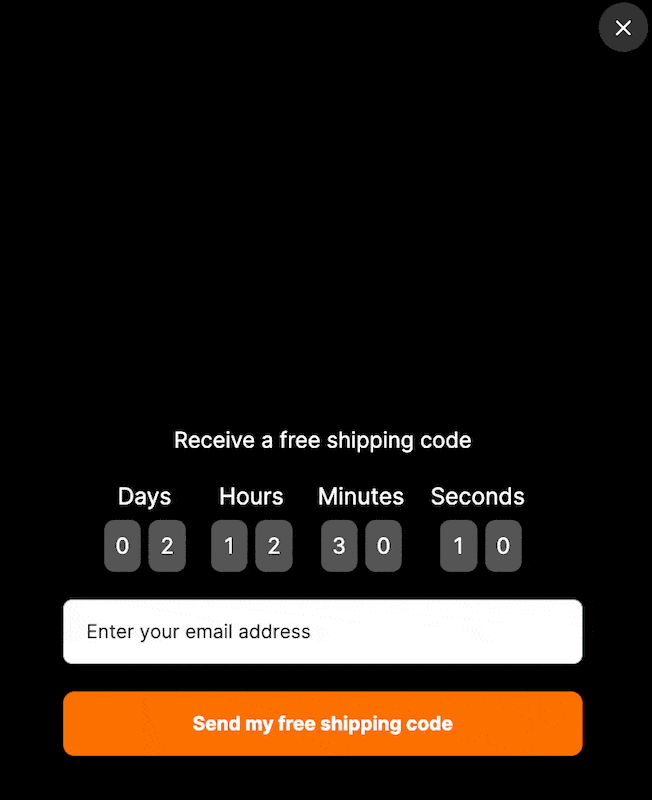 Black Friday animated popup with a moving Black Friday headline a live countdown timer and an email signup field on black.
