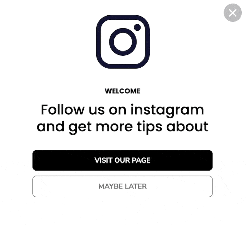 Instagram animated popup with a pulsing Instagram logo paired with Visit Our Page and Maybe Later buttons.