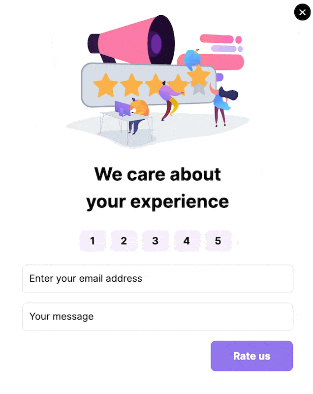 Customer feedback animated popup with three illustrated people placing stars on a rating bar to invite survey responses.