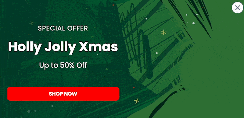 Animated Christmas popup featuring a red holiday sale decoration that sways alongside a Shop Now button and sale message.