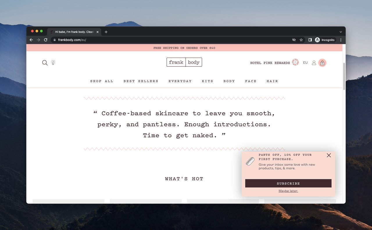 Frank Body email newsletter popup with 'Pants off' headline and 10% off offer
