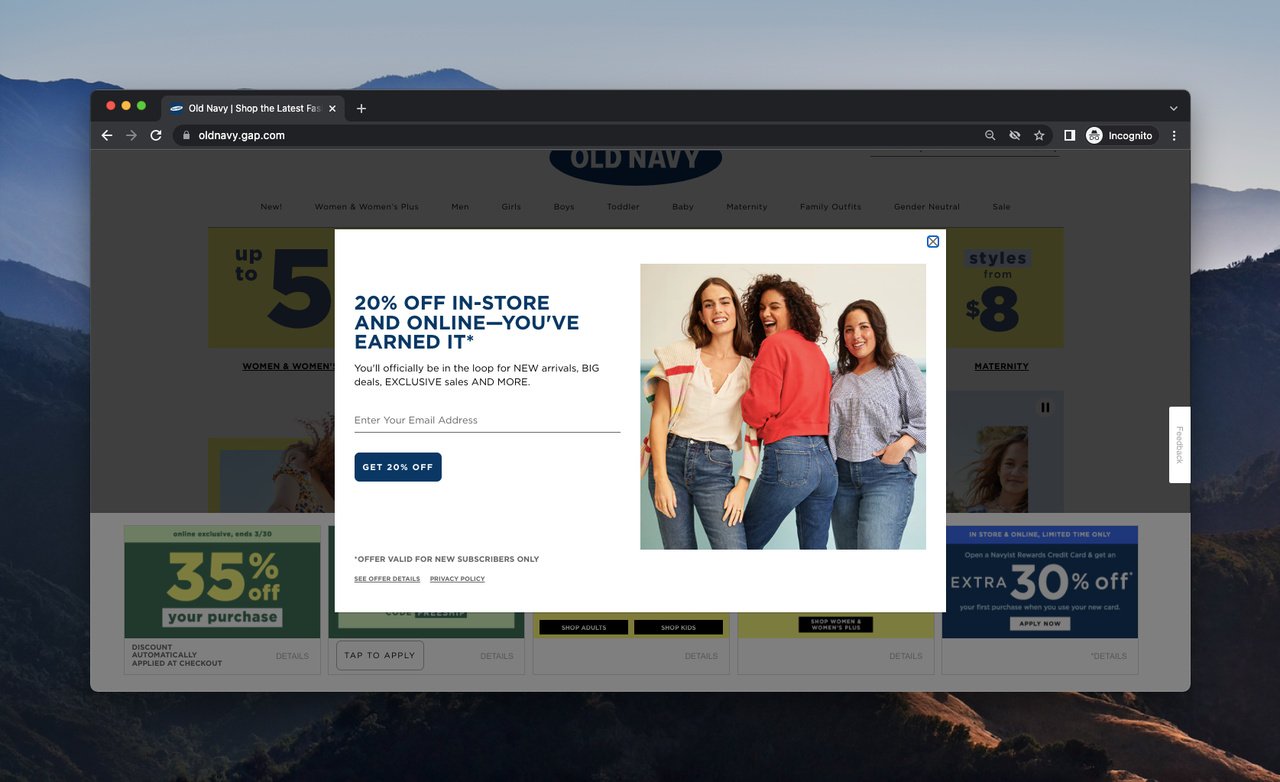 Old Navy email signup popup offering 20% off with capitalized power words