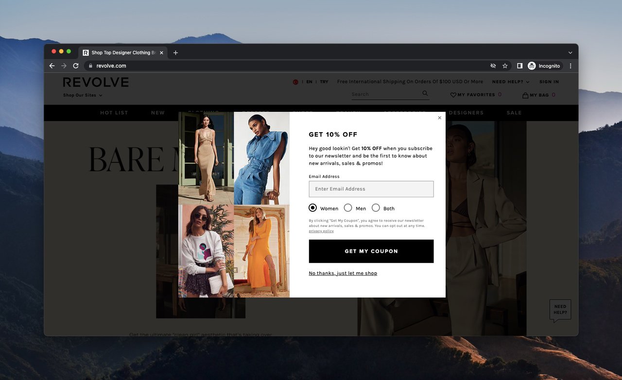Revolve email newsletter popup with 'Hey, good lookin' complimentary headline and 10% off