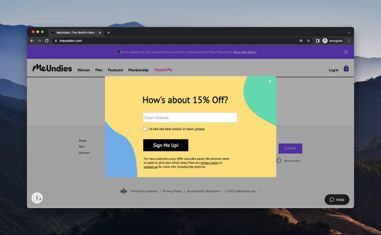 MeUndies email newsletter popup offering 15% off discount