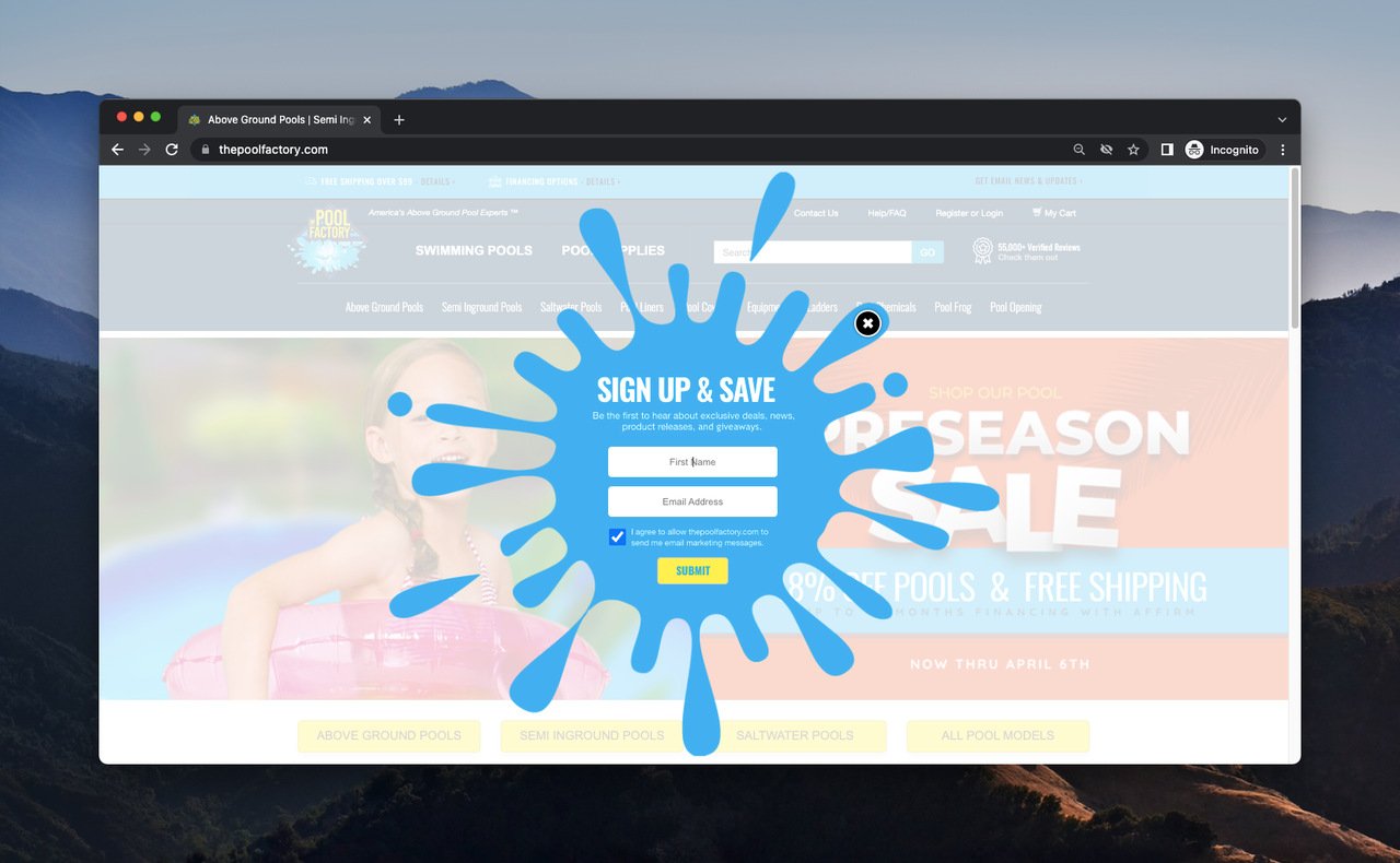 The Pool Factory email newsletter popup with splash-themed design