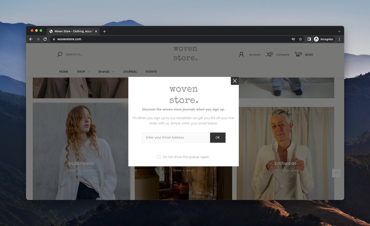 Woven Store discount and email newsletter popup with 10% off first-order offer