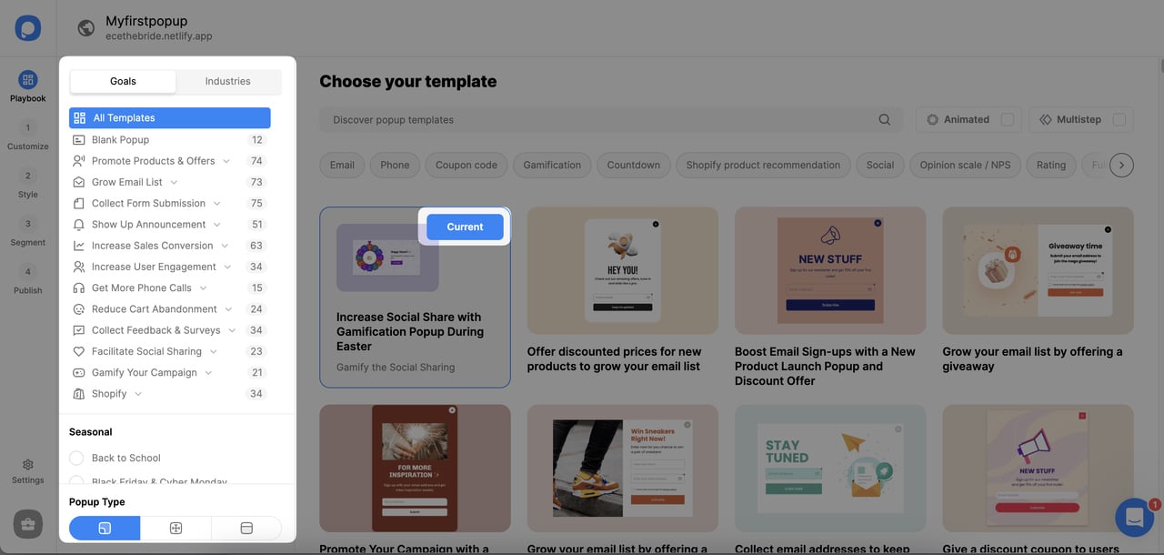 Popupsmart template gallery with popup type filters and template previews