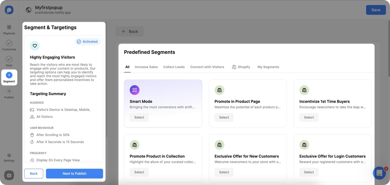 Popupsmart segment selection panel with predefined audience targeting rules