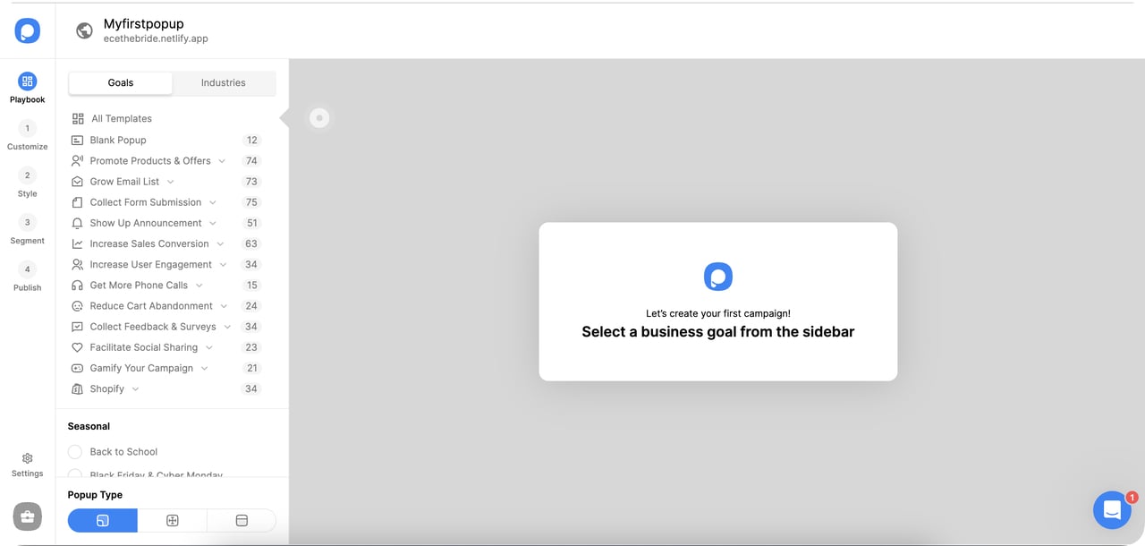 Popupsmart business goal selection screen for popup campaign type