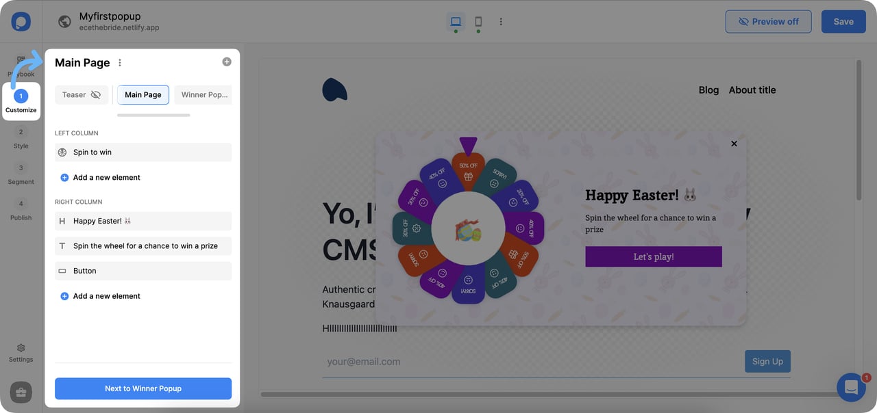 Popupsmart customize step with element panel for adding popup components