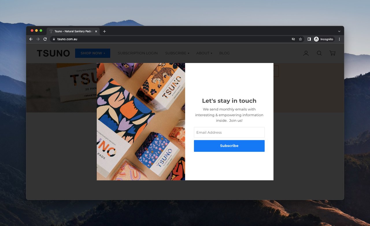 Tsuno friendly email newsletter popup with 'Let's stay in touch' headline