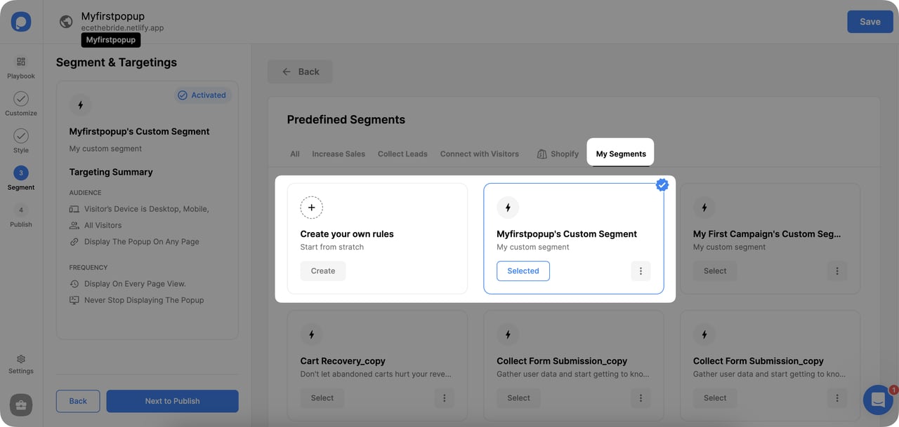 Popupsmart custom segmentation rule builder with URL device and source filters