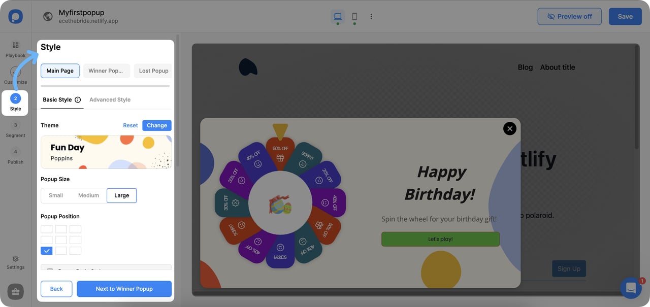 Popupsmart style editor with size and color adjustments for popup design