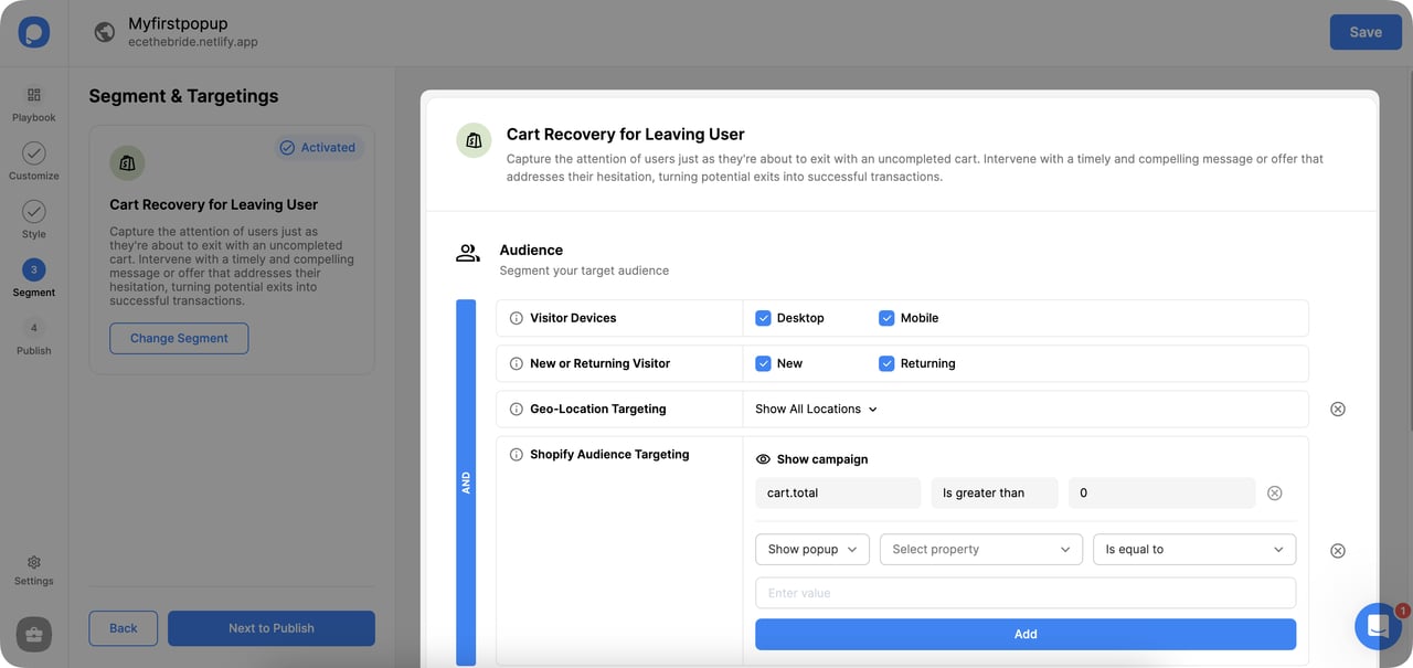 Popupsmart target settings with trigger behavior schedule and frequency controls