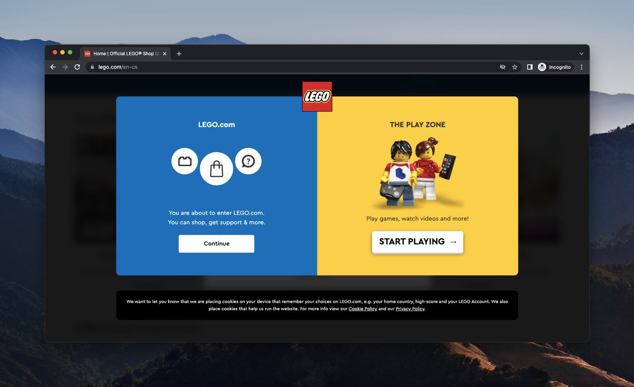 Lego informational popup directing visitors to home page and play zone