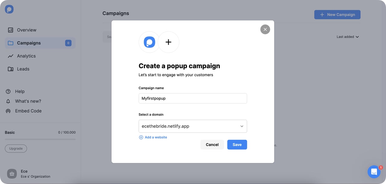 Popupsmart campaign naming screen with domain selector dropdown