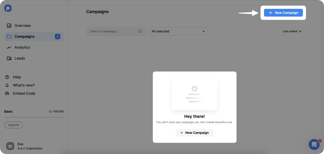 Popupsmart dashboard with new campaign button highlighted for first popup
