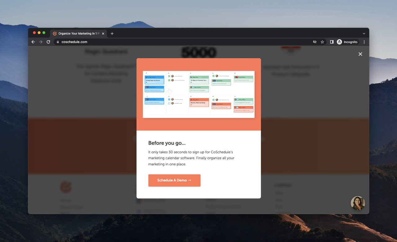 Co-Schedule exit-intent popup with 30-second sign-up message