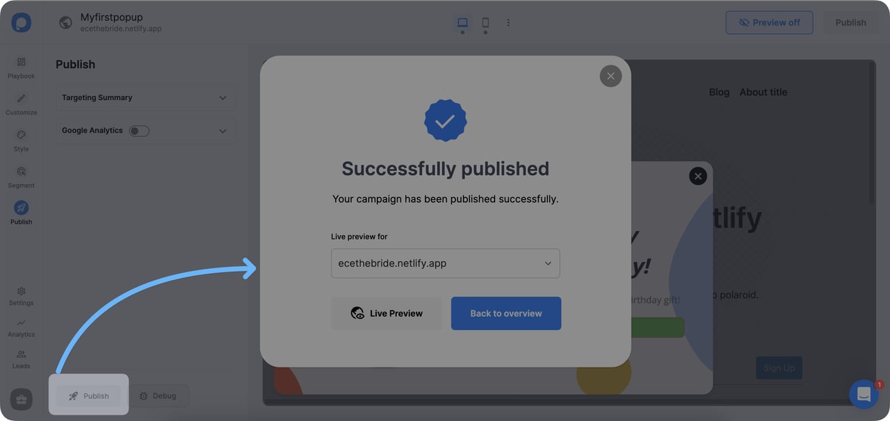 Popupsmart publish screen with campaign launch confirmation and embed instructions