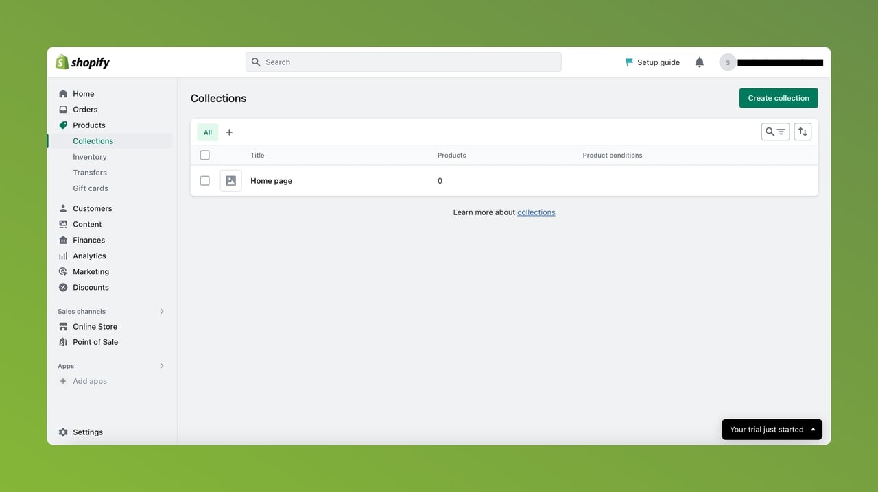 Finding collections under the Products tab in Shopify