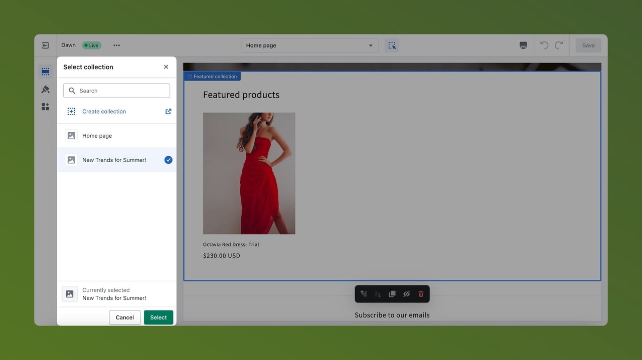 Selecting a collection for featured products on Shopify