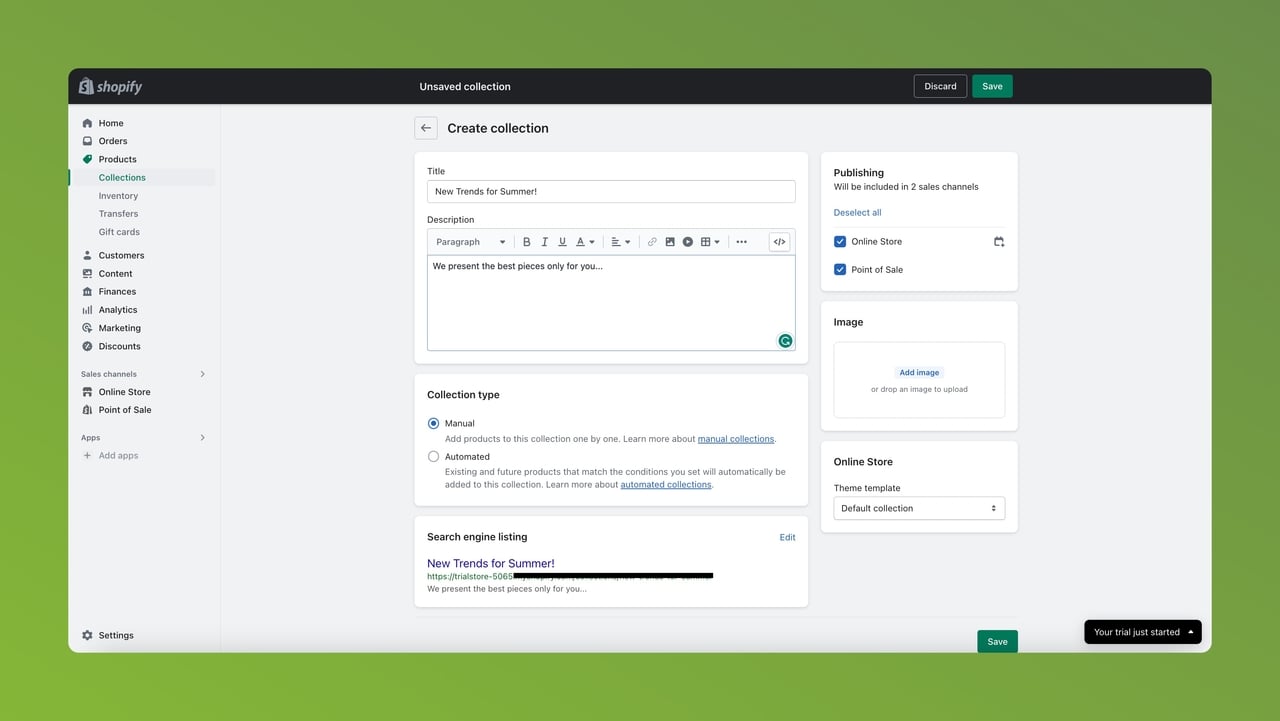 Creating collections with details on Shopify