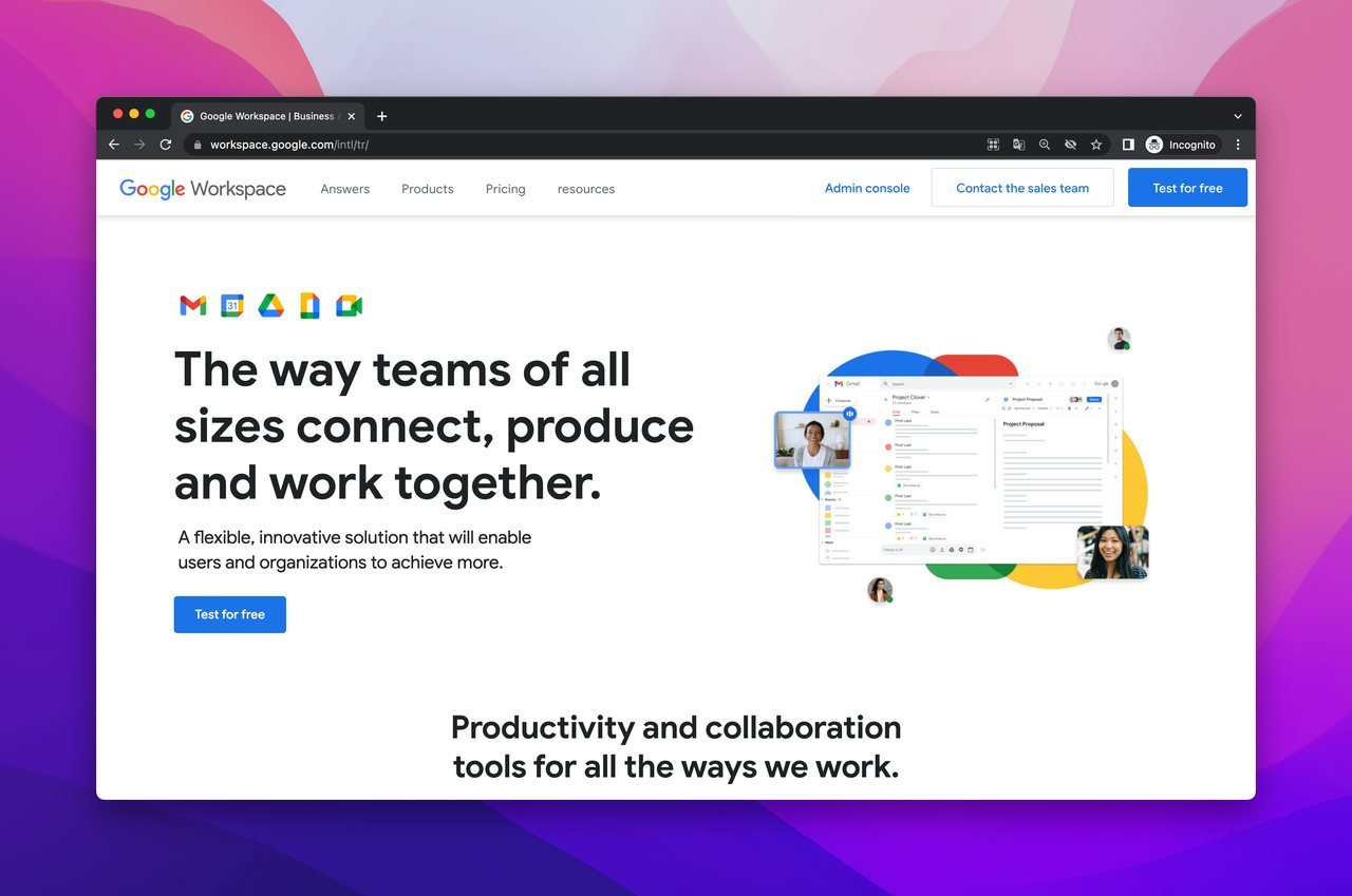 En İyi B2B SaaS Şirketlerinden biri olan Google Workspace'in ana sayfasının ekran görüntüsü