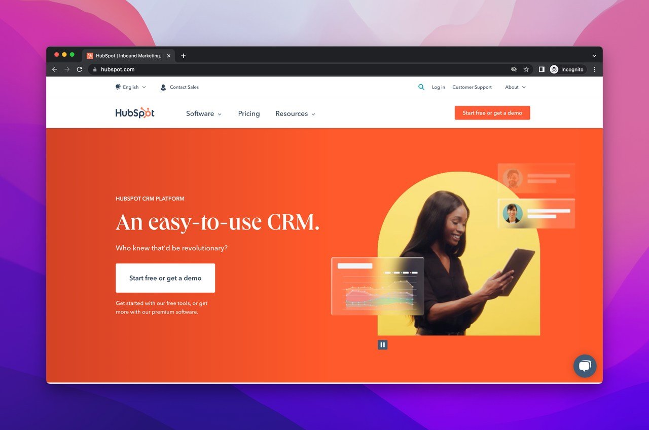 HubSpot ana sayfasının ekran görüntüsü; bulut tabanlı, ileri düzey B2B SaaS özellikler sunan bir inbound pazarlama aracı