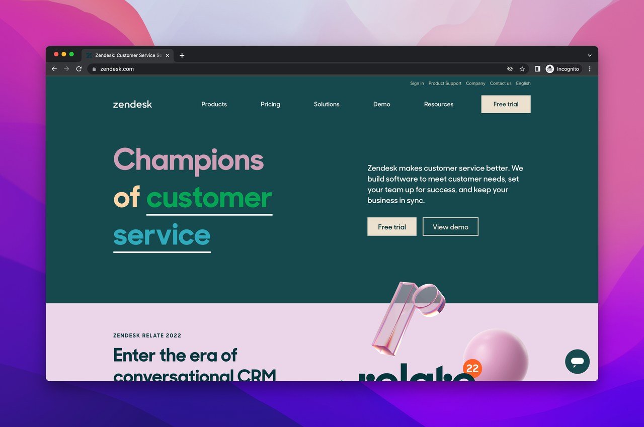 Diğer şirketlere en iyi b2b saas hizmetlerini sunan bir CRM aracı olan Zendesk'in ana sayfasının ekran görüntüsü